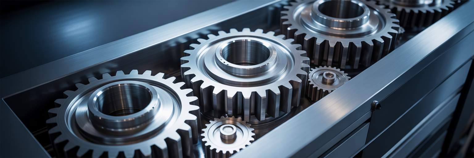 Interlocking metal gears moving in sync.