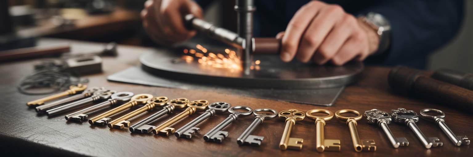 Intricate skeleton keys on a workbench.