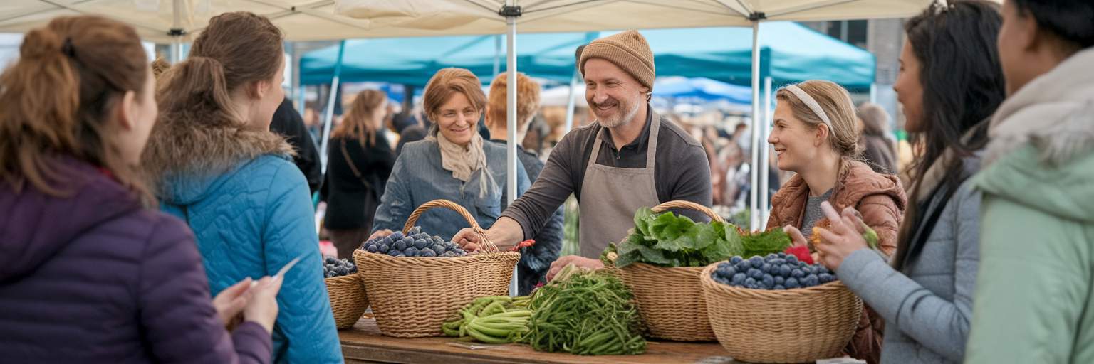 Local market stall owner engaging with diverse customers.