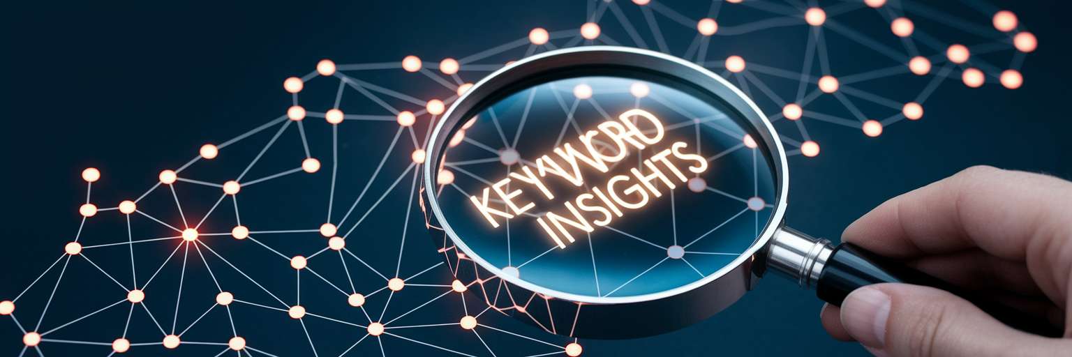 Magnifying glass revealing keyword insights map