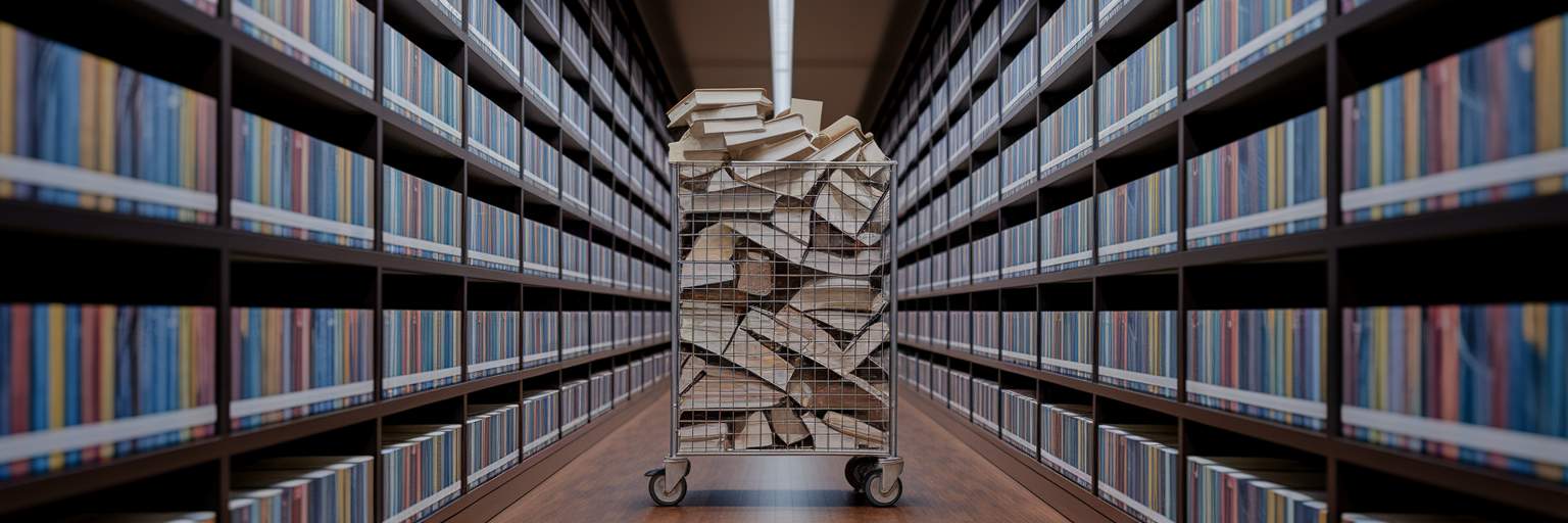 Messy cart blocking library aisle
