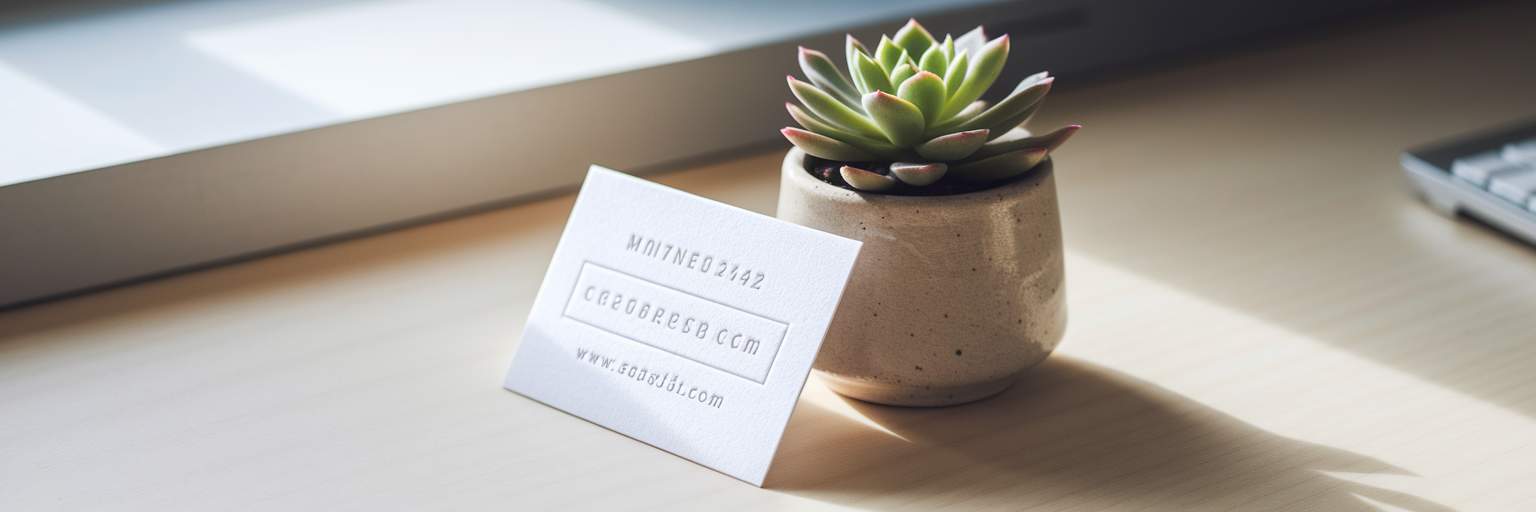 Minimalist desk with business card and succulent.