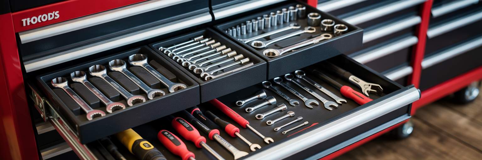 Open toolbox with neatly organized tools.
