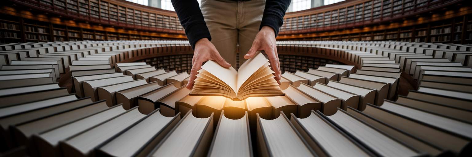 Person choosing unique book from shelf