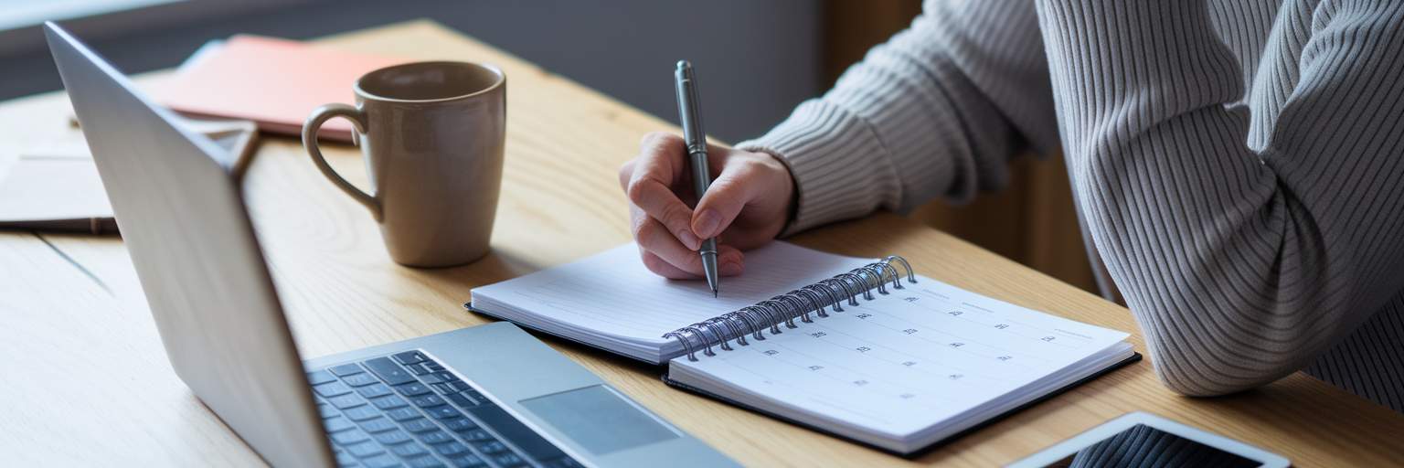 Person planning at a desk with calendar.