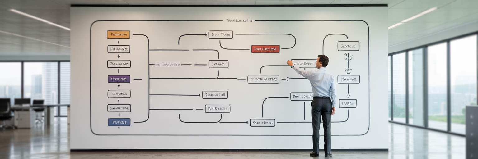 Person pointing to a clear flowchart on a wall.