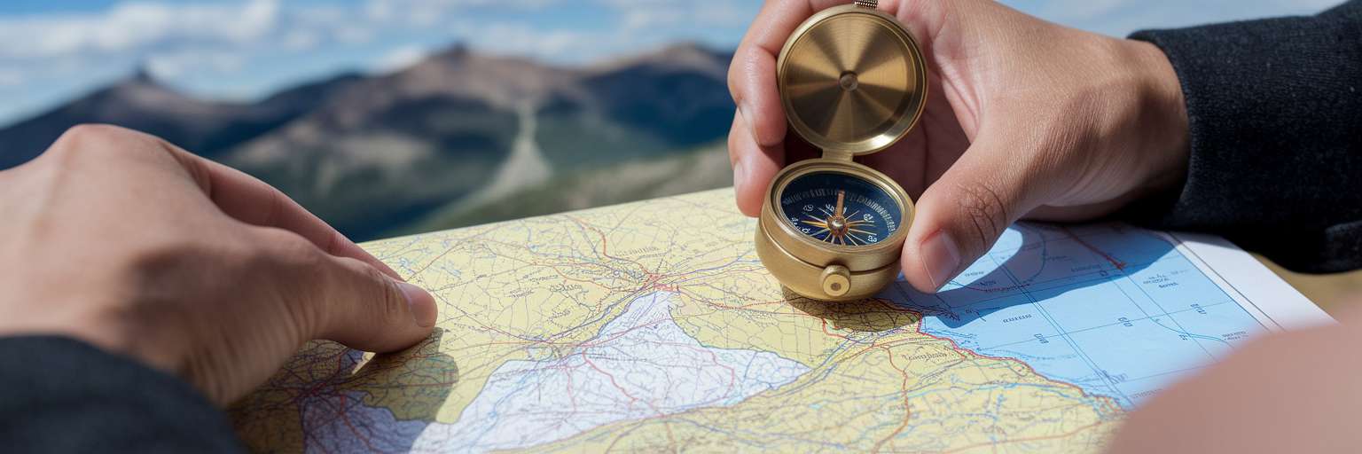 Person using compass on hiking map.