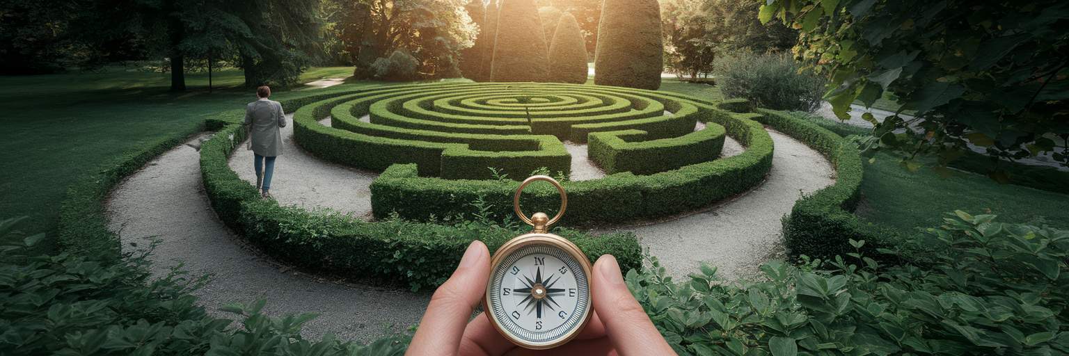 Person with compass on garden path
