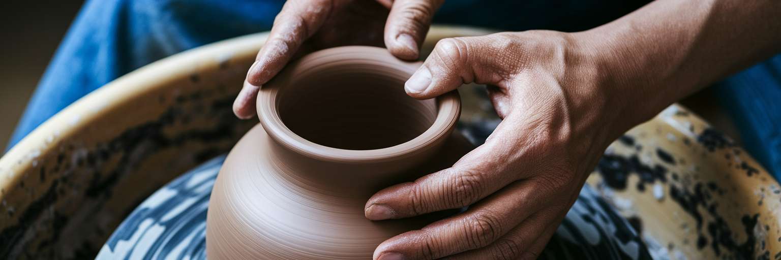 Potter shaping clay pot rim