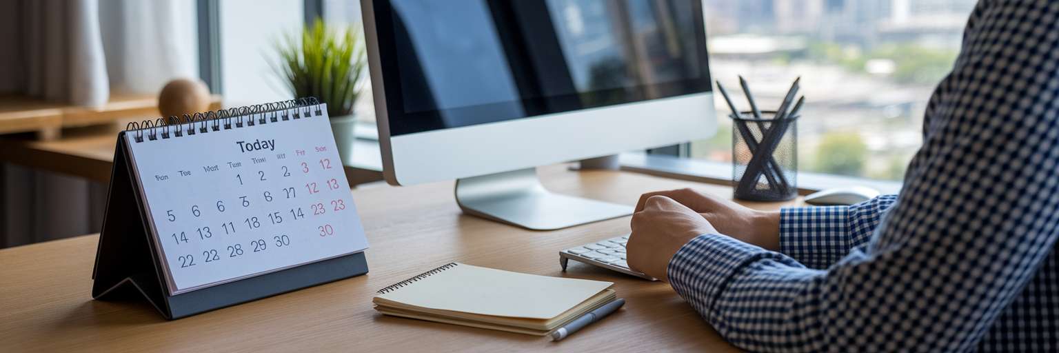 Solo founder's desk with marked calendar.