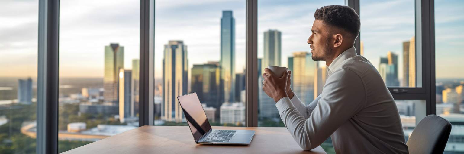 Solo founder thinking strategically in office.