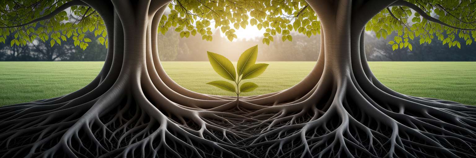 Tree roots supporting vibrant leaves