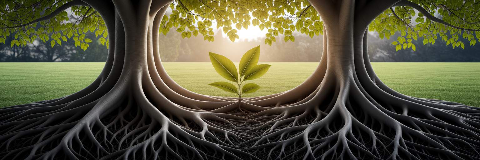 Tree roots supporting vibrant leaves