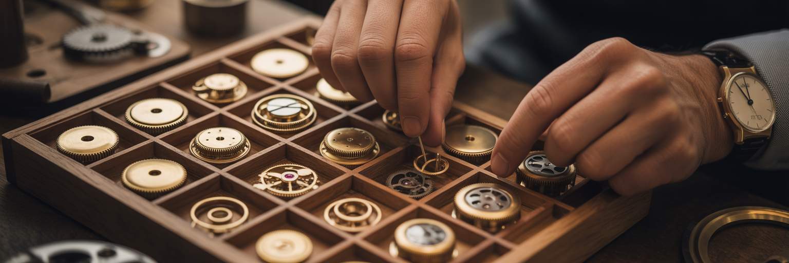 Watchmaker selecting a precise gear.