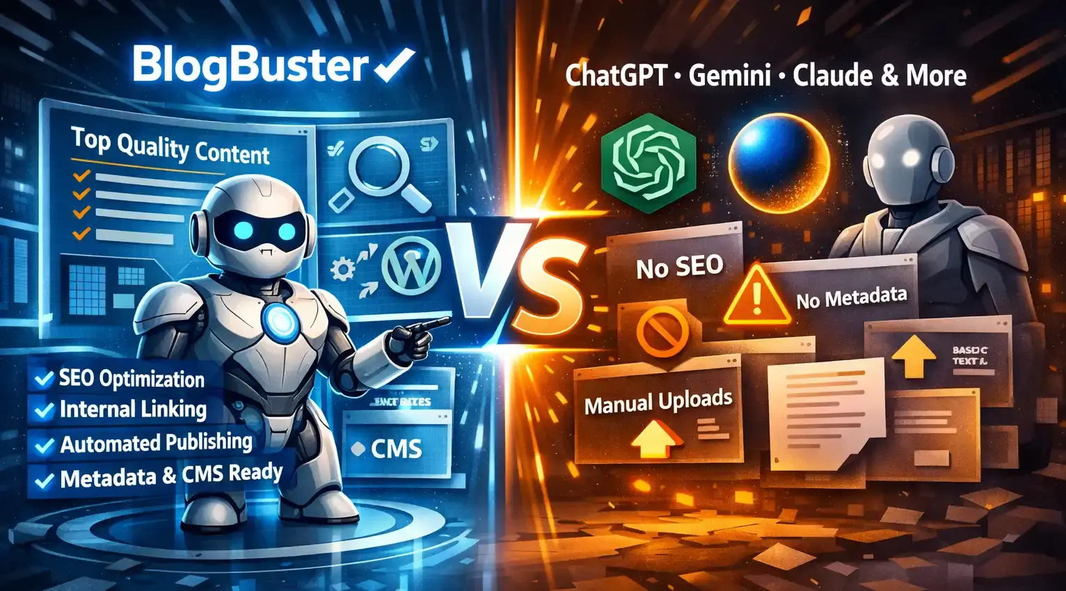 Futuristic BlogBuster vs ChatGPT, Gemini, and Claude graphic showing SEO, internal linking, metadata, and automated publishing advantages.