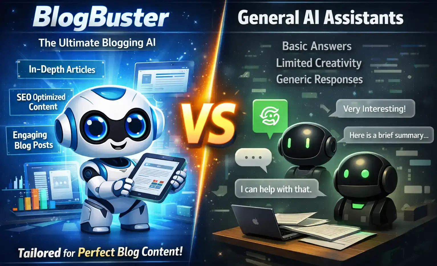 BlogBuster vs general AI assistants graphic showing BlogBuster as a specialized AI for SEO-friendly blog content creation.