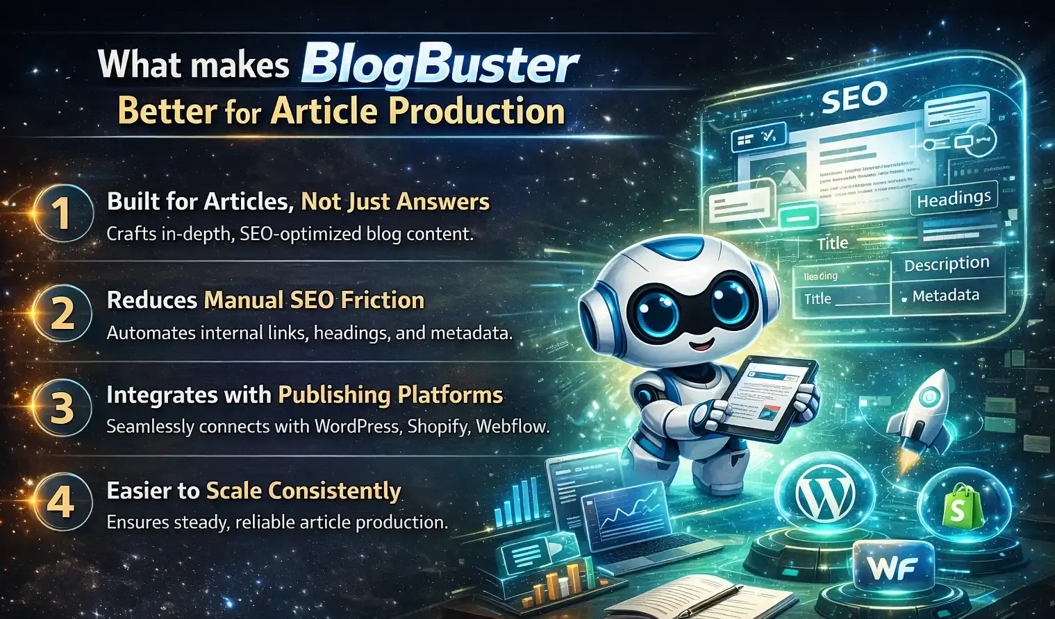 Futuristic BlogBuster graphic showing article production benefits like SEO automation, publishing integrations, and consistent scaling.