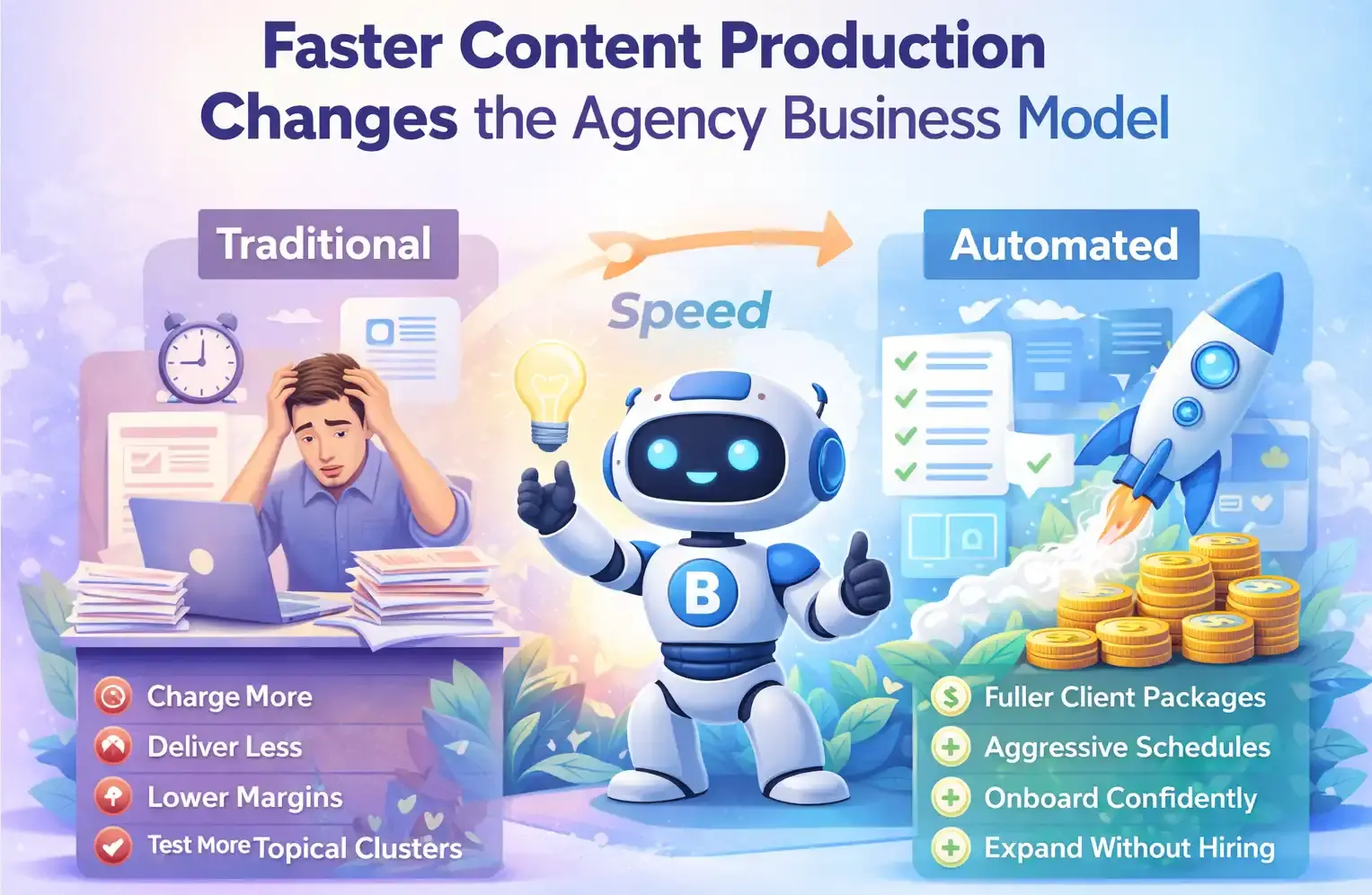 BlogBuster robot showing how faster content production helps SEO agencies scale fulfillment, improve margins, and automate publishing