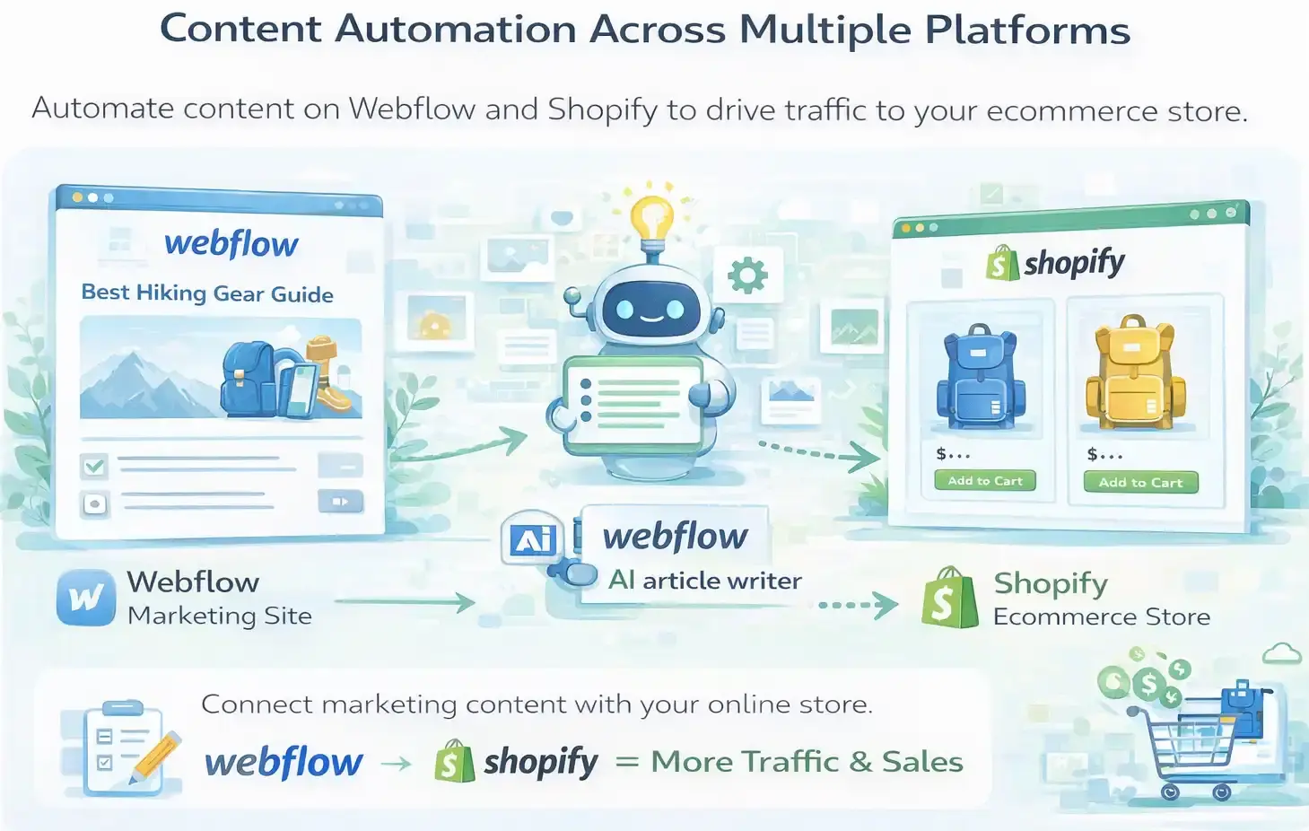 A diagram showing how content published on Webflow can drive traffic to a Shopify ecommerce store using cross platform content automation