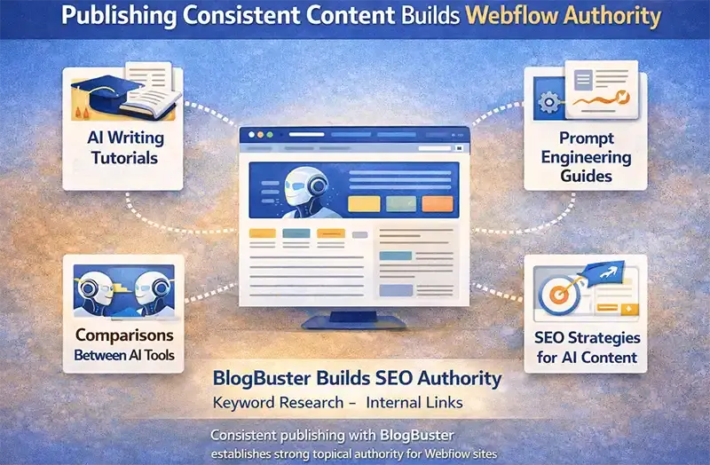 Diagram showing a Webflow site building SEO authority by publishing related AI writing articles such as tutorials, prompt engineering guides, tool comparisons, and SEO strategies.