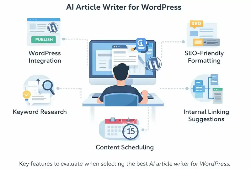 Key features of an AI article writer for WordPress including publishing integration, SEO formatting, keyword research, and internal linking.