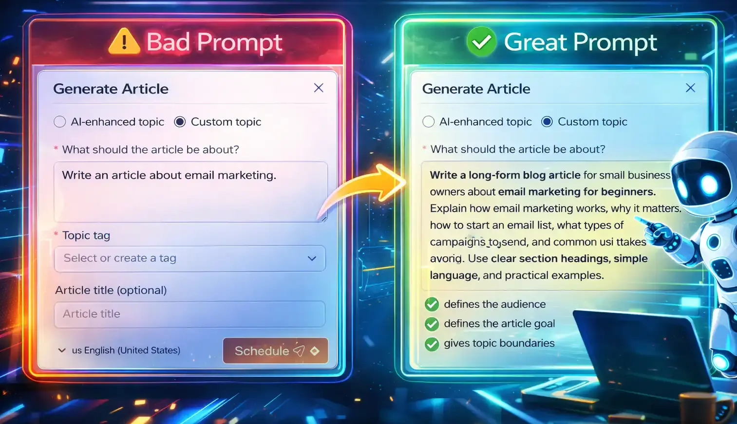Side-by-side comparison showing a bad prompt and a great prompt inside the BlogBuster article generation window.