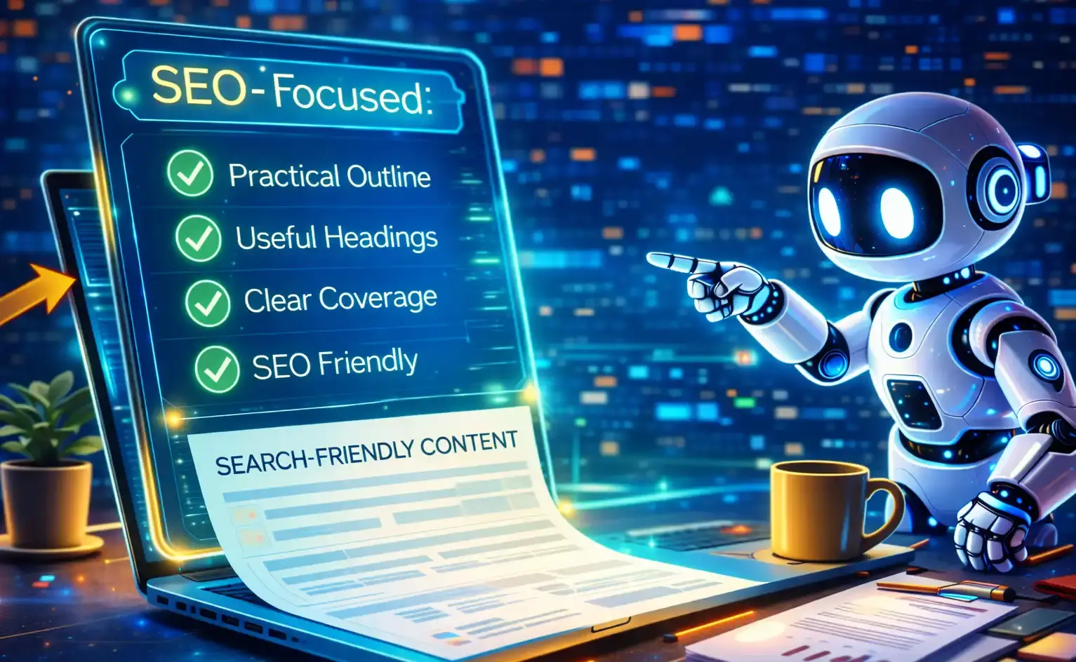 Futuristic illustration of a robot pointing to an SEO-focused content checklist with practical outline, useful headings, clear coverage, and search-friendly content.