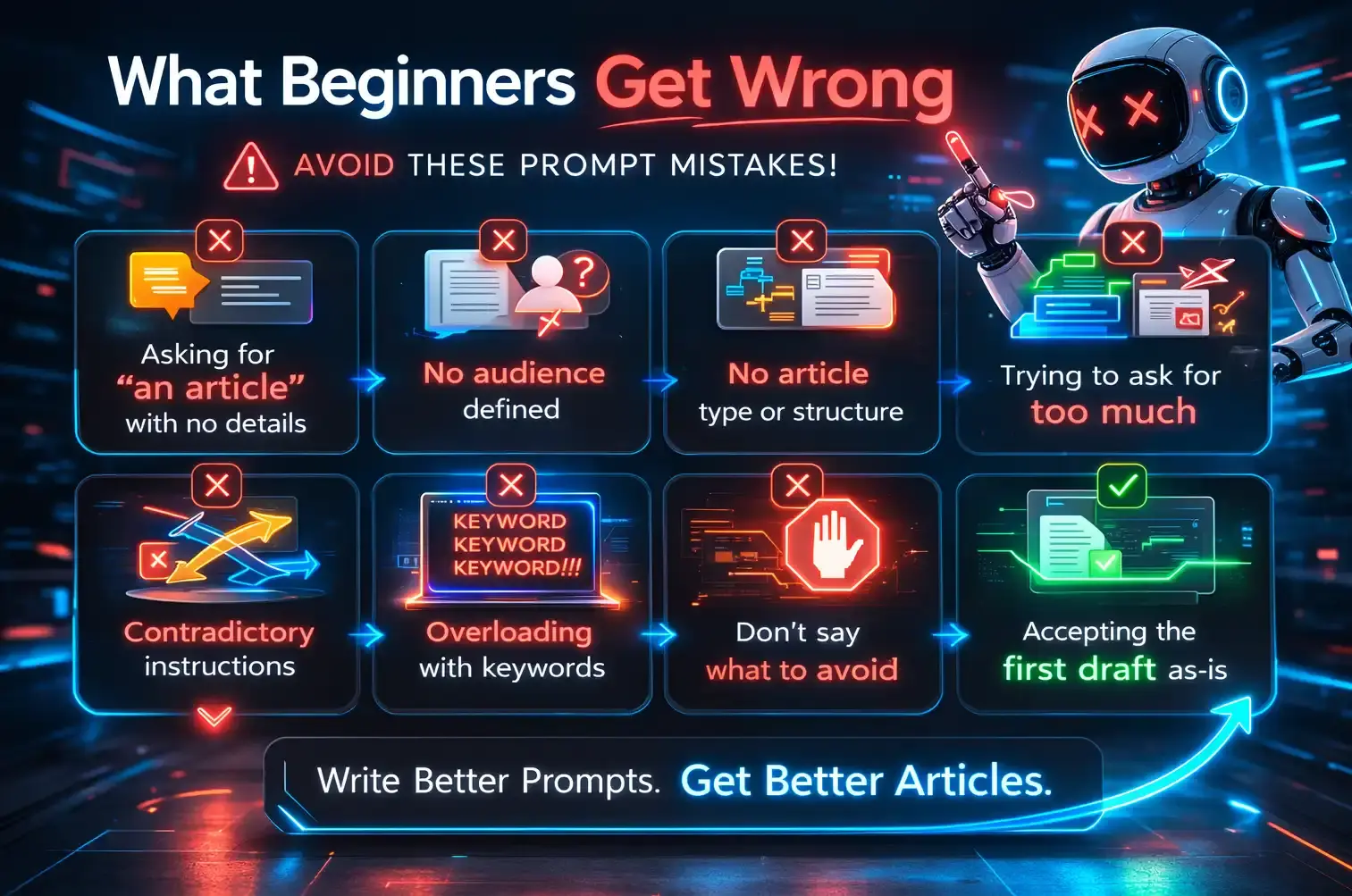 AI content illustration highlighting common beginner prompt mistakes next to a checklist for audience, topic, structure, and content clarity.