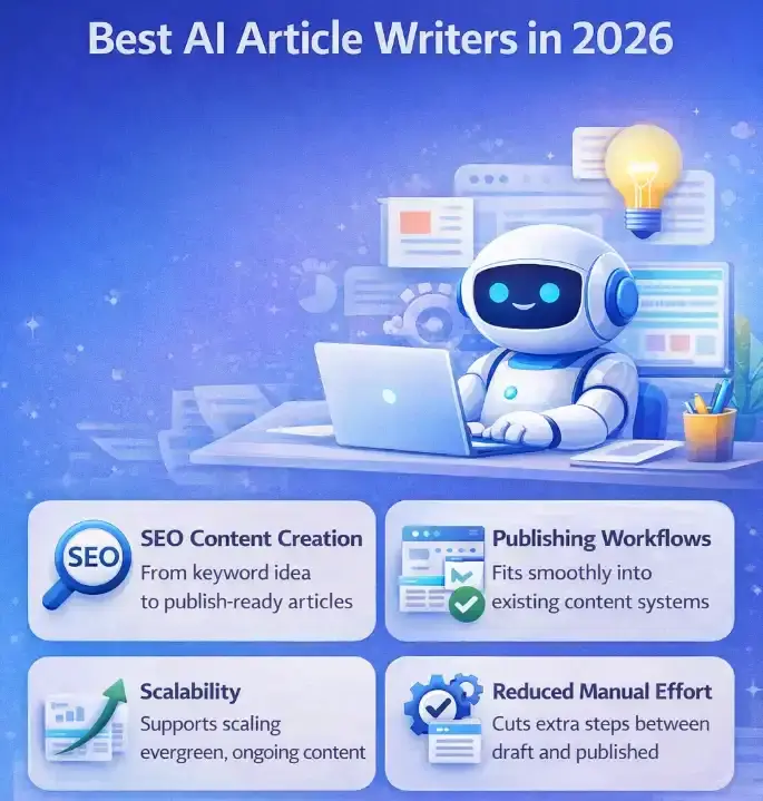 Infographic showing key strengths to look for in the best AI article writers in 2026, including SEO content creation, publishing workflows, scalability, and reduced manual effort.