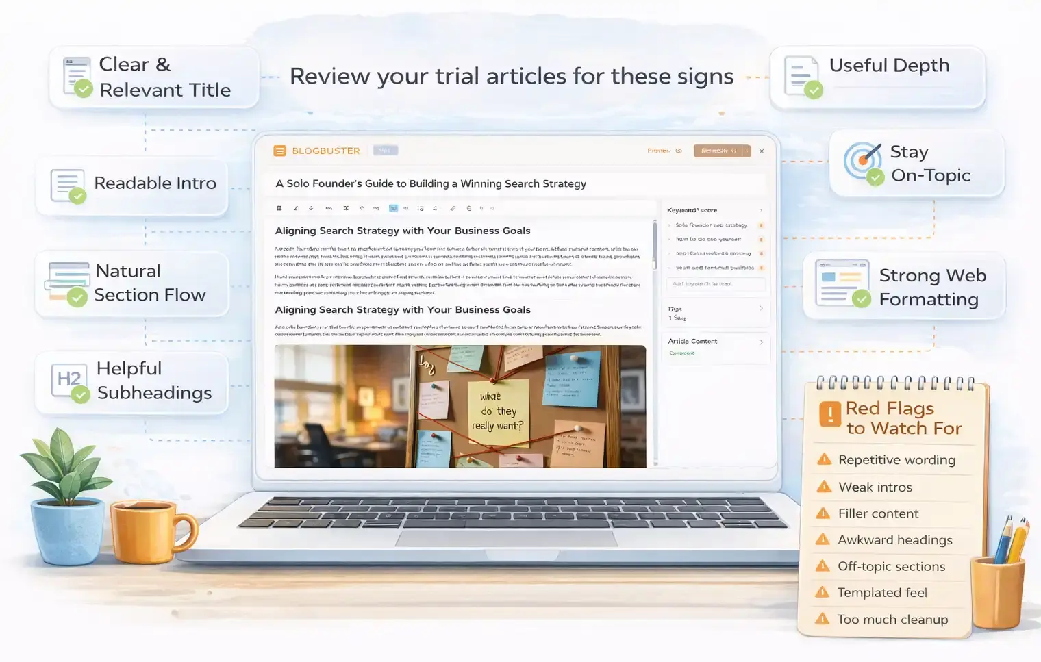 Illustration showing the BlogBuster article editor with checklist indicators for evaluating AI-generated article quality during a free trial.
