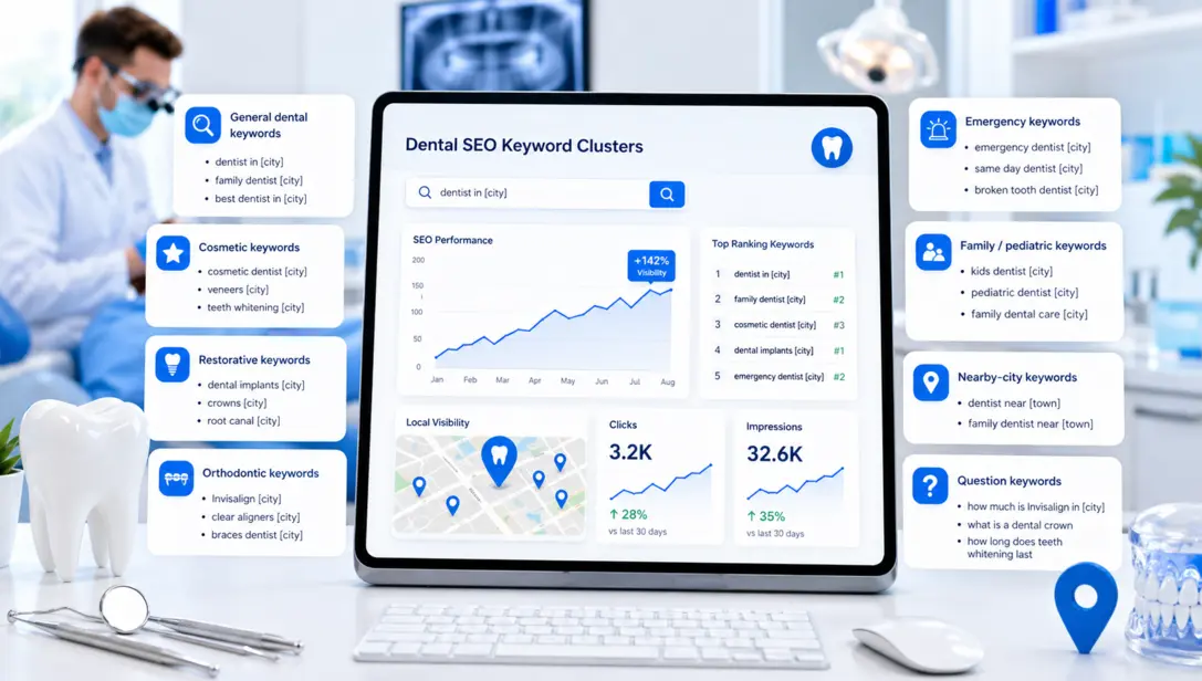 Dental SEO keyword clusters for dentists, showing general, cosmetic, restorative, orthodontic, emergency, family, nearby-city, and question-based keyword categories.